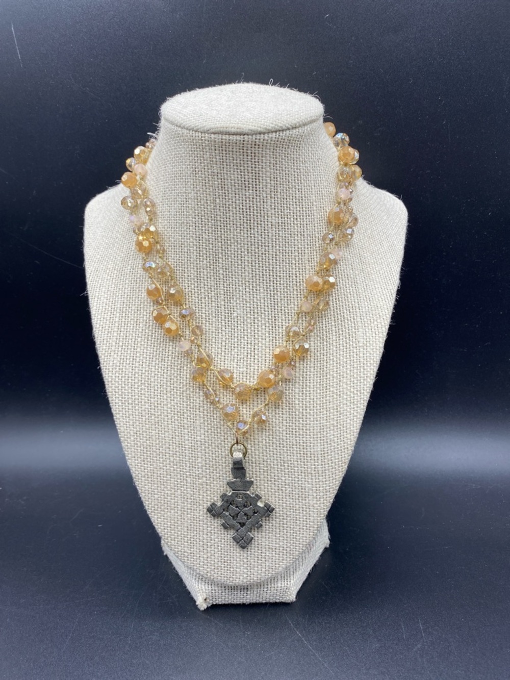 Handcrafted Golden Glass Champagne Bead Necklace Geometric Pendant